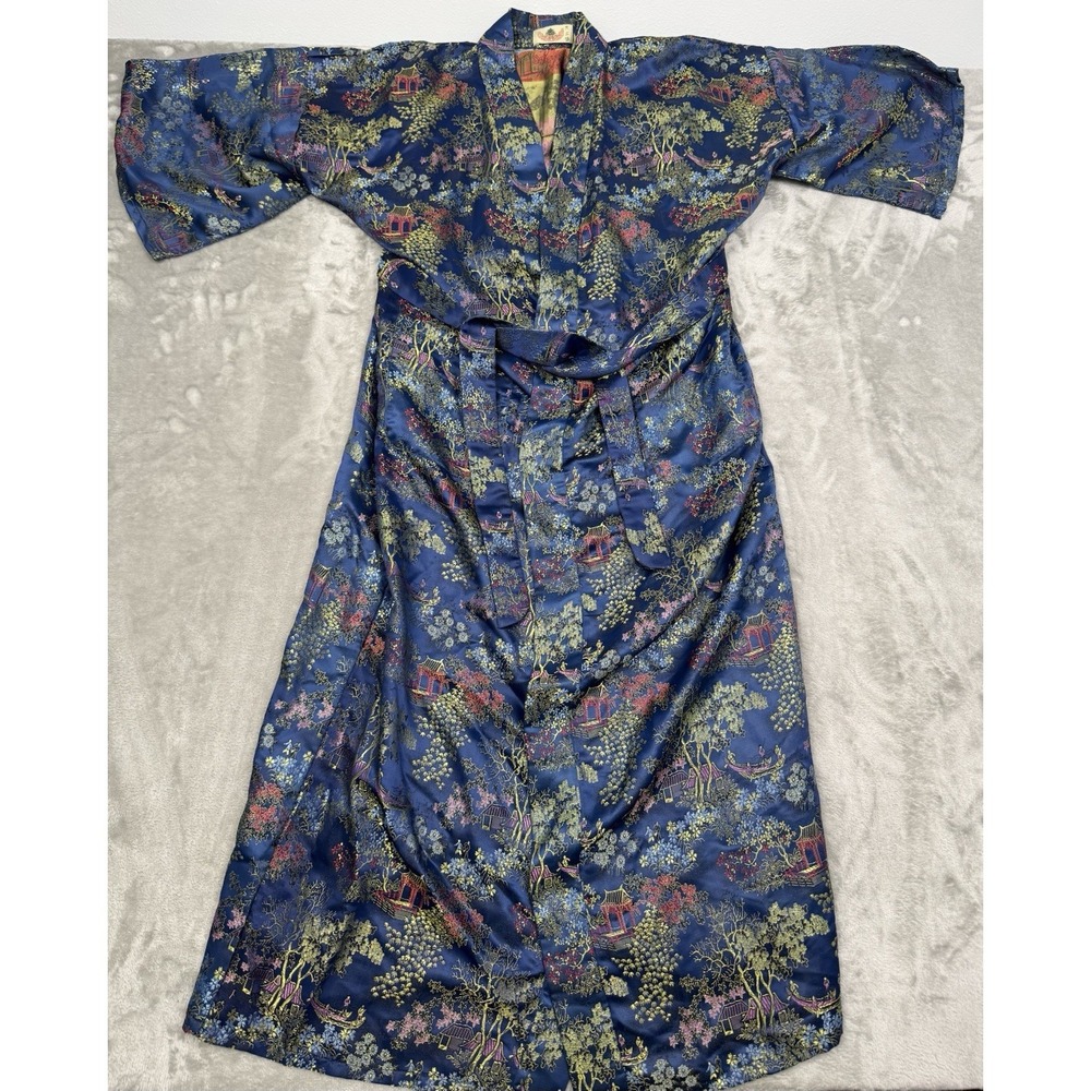 Vintage Chinese Blue Silk Brocade Kimono Robe XL-2XL Coat Belted Belt Landscape
